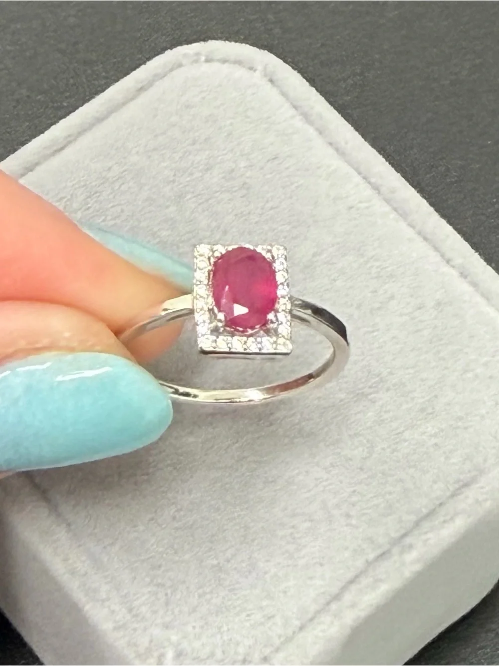Stunning Natural Red Ruby .90CT w/ Rectangle Halo 925 Sterling Silver Sz 6.75